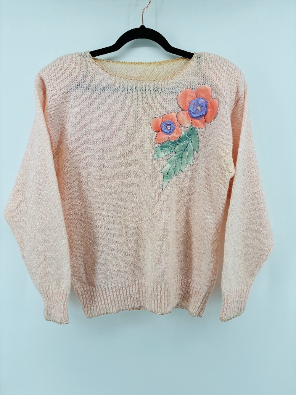 Vintage Women’s Pink Floral Appliqué Knit Sweater